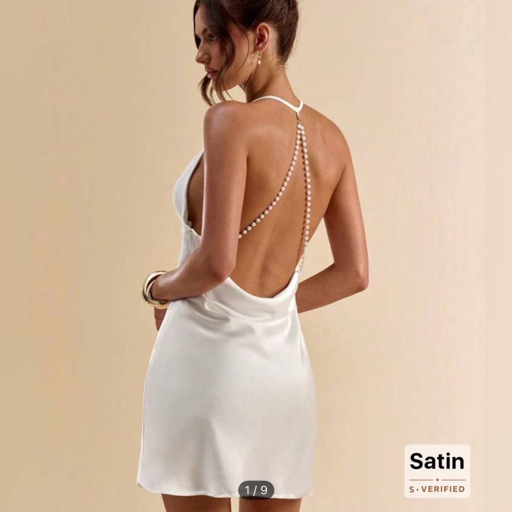 Satin, pearl back mini dress white